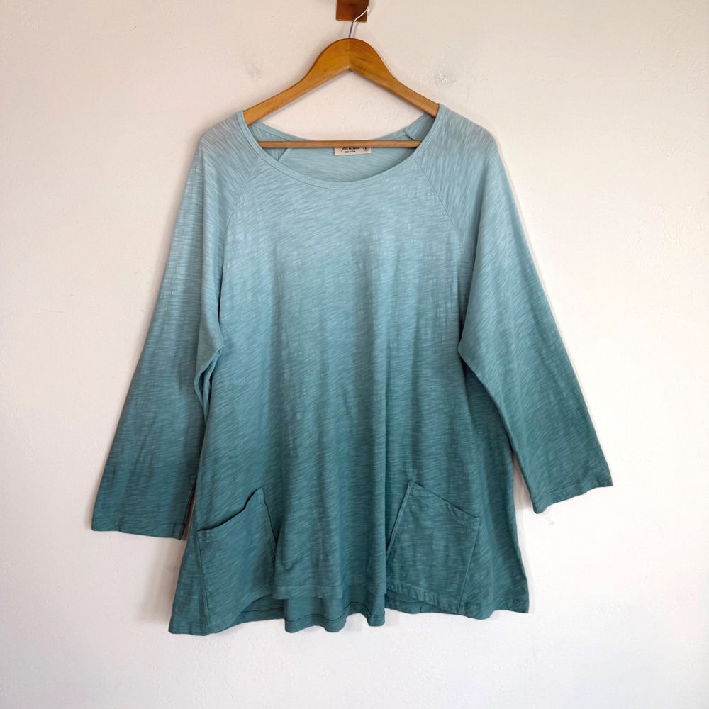 Jess & Jane Tunic Top XL Teal Ombré Cotton Slub Patch Pockets Lagenlook Coastal